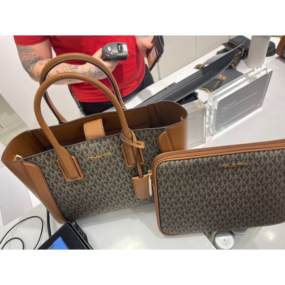 MICHAEL KORS KALI Medium Satchel w iPad Case Brwn Gold Signature Canvas NWT $678 - Picture 16 of 16